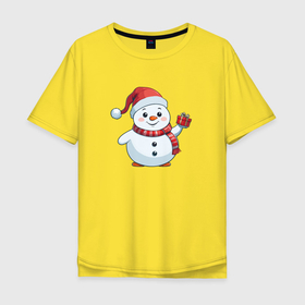 Мужская футболка хлопок Oversize с принтом Толстый снеговик с подарком в Тюмени, 100% хлопок | свободный крой, круглый ворот, “спинка” длиннее передней части | 