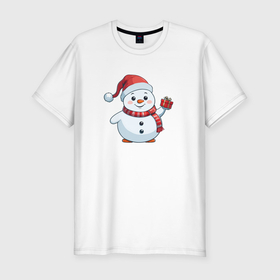 Мужская футболка хлопок Slim с принтом Толстый снеговик с подарком , 92% хлопок, 8% лайкра | приталенный силуэт, круглый вырез ворота, длина до линии бедра, короткий рукав | 