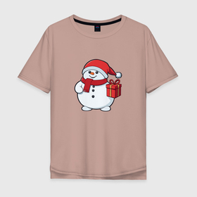 Мужская футболка хлопок Oversize с принтом Новогодний снеговик с подарком , 100% хлопок | свободный крой, круглый ворот, “спинка” длиннее передней части | Тематика изображения на принте: 