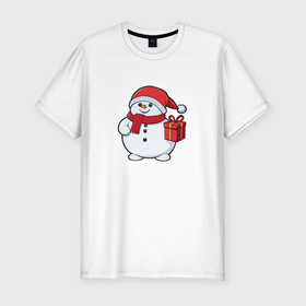 Мужская футболка хлопок Slim с принтом Новогодний снеговик с подарком в Курске, 92% хлопок, 8% лайкра | приталенный силуэт, круглый вырез ворота, длина до линии бедра, короткий рукав | 