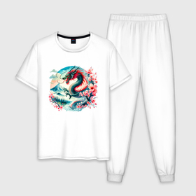 Мужская пижама хлопок с принтом Japanese dragon   ai art watercolor в Тюмени, 100% хлопок | брюки и футболка прямого кроя, без карманов, на брюках мягкая резинка на поясе и по низу штанин
 | 