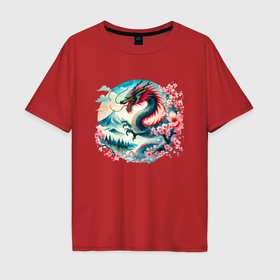Мужская футболка хлопок Oversize с принтом Japanese dragon   ai art watercolor в Екатеринбурге, 100% хлопок | свободный крой, круглый ворот, “спинка” длиннее передней части | 