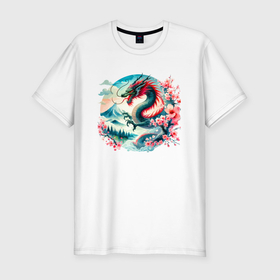 Мужская футболка хлопок Slim с принтом Japanese dragon   ai art watercolor в Екатеринбурге, 92% хлопок, 8% лайкра | приталенный силуэт, круглый вырез ворота, длина до линии бедра, короткий рукав | 