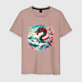 Мужская футболка хлопок с принтом Japanese dragon   ai art watercolor в Санкт-Петербурге, 100% хлопок | прямой крой, круглый вырез горловины, длина до линии бедер, слегка спущенное плечо. | 