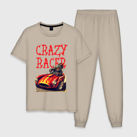 Мужская пижама хлопок с принтом Crazy racer   ai art  dragon в Петрозаводске, 100% хлопок | брюки и футболка прямого кроя, без карманов, на брюках мягкая резинка на поясе и по низу штанин
 | 