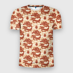 Мужская футболка 3D Slim с принтом Красный дракон символ года в Белгороде, 100% полиэстер с улучшенными характеристиками | приталенный силуэт, круглая горловина, широкие плечи, сужается к линии бедра | 