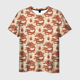 Мужская футболка 3D с принтом Красный дракон символ года в Кировске, 100% полиэфир | прямой крой, круглый вырез горловины, длина до линии бедер | 