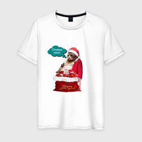 Мужская футболка хлопок с принтом Кот дед мороз с подарками   оливье в Екатеринбурге, 100% хлопок | прямой крой, круглый вырез горловины, длина до линии бедер, слегка спущенное плечо. | Тематика изображения на принте: 