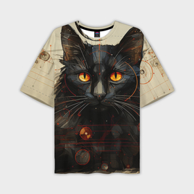 Мужская футболка oversize 3D с принтом Черный кот в стиле диаграмм Давинчи в Санкт-Петербурге,  |  | 
