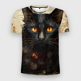 Мужская футболка 3D Slim с принтом Черный кот в стиле диаграмм Давинчи в Екатеринбурге, 100% полиэстер с улучшенными характеристиками | приталенный силуэт, круглая горловина, широкие плечи, сужается к линии бедра | Тематика изображения на принте: 