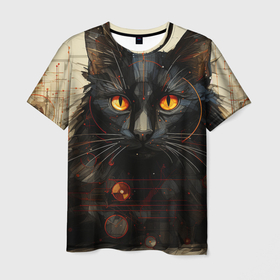 Мужская футболка 3D с принтом Черный кот в стиле диаграмм Давинчи в Санкт-Петербурге, 100% полиэфир | прямой крой, круглый вырез горловины, длина до линии бедер | Тематика изображения на принте: 
