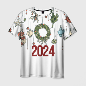 Мужская футболка 3D с принтом Новогодние украшения в Петрозаводске, 100% полиэфир | прямой крой, круглый вырез горловины, длина до линии бедер | 