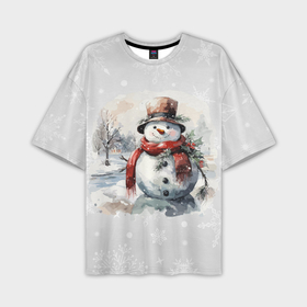 Мужская футболка oversize 3D с принтом Снеговик во дворе в Тюмени,  |  | Тематика изображения на принте: 