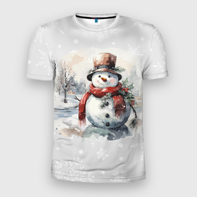 Мужская футболка 3D Slim с принтом Снеговик во дворе в Санкт-Петербурге, 100% полиэстер с улучшенными характеристиками | приталенный силуэт, круглая горловина, широкие плечи, сужается к линии бедра | 