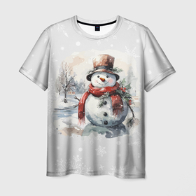Мужская футболка 3D с принтом Снеговик во дворе в Тюмени, 100% полиэфир | прямой крой, круглый вырез горловины, длина до линии бедер | 