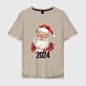 Мужская футболка хлопок Oversize с принтом Санта в очках 2024 в Екатеринбурге, 100% хлопок | свободный крой, круглый ворот, “спинка” длиннее передней части | 