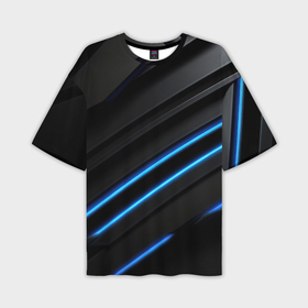 Мужская футболка oversize 3D с принтом Синие неоновые линии на черном в Санкт-Петербурге,  |  | 
