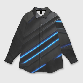 Мужская рубашка oversize 3D с принтом Синие неоновые линии на черном в Санкт-Петербурге,  |  | 