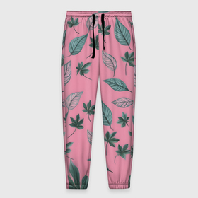 Мужские брюки 3D с принтом Зелёные листья на розовом фоне в Тюмени, 100% полиэстер | манжеты по низу, эластичный пояс регулируется шнурком, по бокам два кармана без застежек, внутренняя часть кармана из мелкой сетки | 