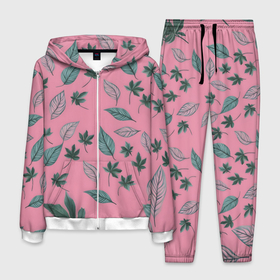 Мужской костюм 3D с принтом Зелёные листья на розовом фоне , 100% полиэстер | Манжеты и пояс оформлены тканевой резинкой, двухслойный капюшон со шнурком для регулировки, карманы спереди | Тематика изображения на принте: 