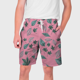 Мужские шорты 3D с принтом Зелёные листья на розовом фоне в Кировске,  полиэстер 100% | прямой крой, два кармана без застежек по бокам. Мягкая трикотажная резинка на поясе, внутри которой широкие завязки. Длина чуть выше колен | 