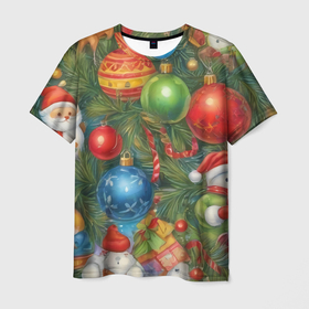 Мужская футболка 3D с принтом Новогодний принт на елке , 100% полиэфир | прямой крой, круглый вырез горловины, длина до линии бедер | 