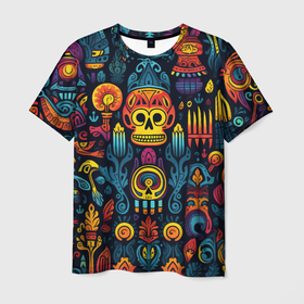 Мужская футболка 3D с принтом Паттерн в мексиканском фолк стиле в Курске, 100% полиэфир | прямой крой, круглый вырез горловины, длина до линии бедер | 