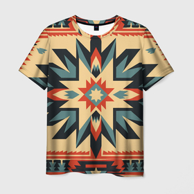 Мужская футболка 3D с принтом Орнамент в стиле американских индейцев , 100% полиэфир | прямой крой, круглый вырез горловины, длина до линии бедер | 