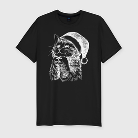 Мужская футболка хлопок Slim с принтом Котёнок в новогодней шапке в Екатеринбурге, 92% хлопок, 8% лайкра | приталенный силуэт, круглый вырез ворота, длина до линии бедра, короткий рукав | Тематика изображения на принте: 