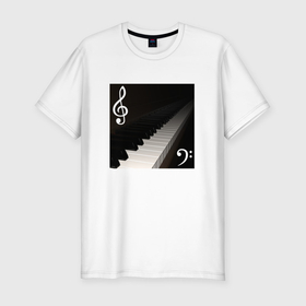 Мужская футболка хлопок Slim с принтом Скрипичный и басовый ключи с клавиатурой фортепиано в Петрозаводске, 92% хлопок, 8% лайкра | приталенный силуэт, круглый вырез ворота, длина до линии бедра, короткий рукав | 
