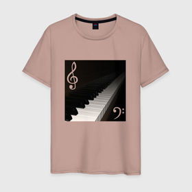 Мужская футболка хлопок с принтом Скрипичный и басовый ключи с клавиатурой фортепиано в Санкт-Петербурге, 100% хлопок | прямой крой, круглый вырез горловины, длина до линии бедер, слегка спущенное плечо. | 