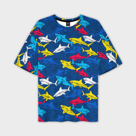 Мужская футболка oversize 3D с принтом Разноцветные акулы на глубине в Екатеринбурге,  |  | Тематика изображения на принте: 