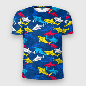 Мужская футболка 3D Slim с принтом Разноцветные акулы на глубине в Екатеринбурге, 100% полиэстер с улучшенными характеристиками | приталенный силуэт, круглая горловина, широкие плечи, сужается к линии бедра | Тематика изображения на принте: 