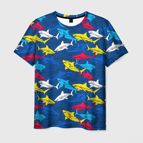 Мужская футболка 3D с принтом Разноцветные акулы на глубине в Екатеринбурге, 100% полиэфир | прямой крой, круглый вырез горловины, длина до линии бедер | Тематика изображения на принте: 