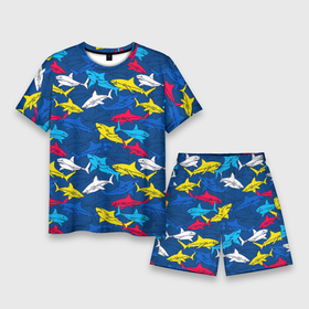 Мужской костюм с шортами 3D с принтом Разноцветные акулы на глубине в Курске,  |  | 