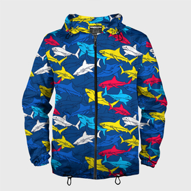 Мужская ветровка 3D с принтом Разноцветные акулы на глубине в Курске, 100% полиэстер | подол и капюшон оформлены резинкой с фиксаторами, два кармана без застежек по бокам, один потайной карман на груди | 