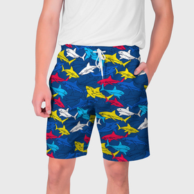 Мужские шорты 3D с принтом Разноцветные акулы на глубине в Екатеринбурге,  полиэстер 100% | прямой крой, два кармана без застежек по бокам. Мягкая трикотажная резинка на поясе, внутри которой широкие завязки. Длина чуть выше колен | 
