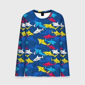 Мужской лонгслив 3D с принтом Разноцветные акулы на глубине в Екатеринбурге, 100% полиэстер | длинные рукава, круглый вырез горловины, полуприлегающий силуэт | Тематика изображения на принте: 