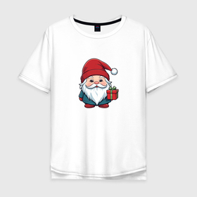Мужская футболка хлопок Oversize с принтом Новогодний гномик с подарком в Кировске, 100% хлопок | свободный крой, круглый ворот, “спинка” длиннее передней части | 