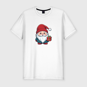Мужская футболка хлопок Slim с принтом Новогодний гномик с подарком в Кировске, 92% хлопок, 8% лайкра | приталенный силуэт, круглый вырез ворота, длина до линии бедра, короткий рукав | 