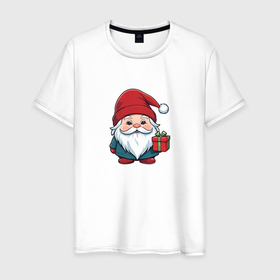 Мужская футболка хлопок с принтом Новогодний гномик с подарком в Кировске, 100% хлопок | прямой крой, круглый вырез горловины, длина до линии бедер, слегка спущенное плечо. | 
