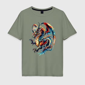Мужская футболка хлопок Oversize с принтом Japanese dragon   sketch watercolor в Тюмени, 100% хлопок | свободный крой, круглый ворот, “спинка” длиннее передней части | 