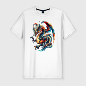 Мужская футболка хлопок Slim с принтом Japanese dragon   sketch watercolor в Санкт-Петербурге, 92% хлопок, 8% лайкра | приталенный силуэт, круглый вырез ворота, длина до линии бедра, короткий рукав | Тематика изображения на принте: 