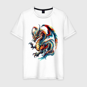 Мужская футболка хлопок с принтом Japanese dragon   sketch watercolor в Кировске, 100% хлопок | прямой крой, круглый вырез горловины, длина до линии бедер, слегка спущенное плечо. | 