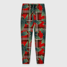 Мужские брюки 3D с принтом Листья остролиста на красной шотландке в Новосибирске, 100% полиэстер | манжеты по низу, эластичный пояс регулируется шнурком, по бокам два кармана без застежек, внутренняя часть кармана из мелкой сетки | 