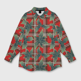 Мужская рубашка oversize 3D с принтом Листья остролиста на красной шотландке в Санкт-Петербурге,  |  | 