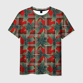 Мужская футболка 3D с принтом Листья остролиста на красной шотландке в Санкт-Петербурге, 100% полиэфир | прямой крой, круглый вырез горловины, длина до линии бедер | 