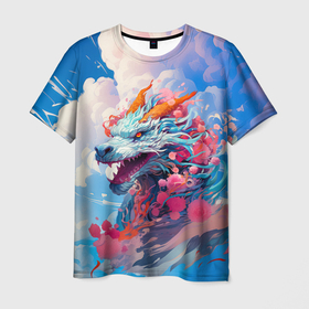 Мужская футболка 3D с принтом Небесный дракон в Белгороде, 100% полиэфир | прямой крой, круглый вырез горловины, длина до линии бедер | 