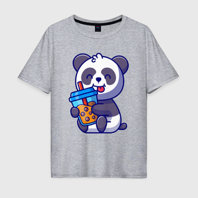 Мужская футболка хлопок Oversize с принтом Панда с напитком в Тюмени, 100% хлопок | свободный крой, круглый ворот, “спинка” длиннее передней части | 