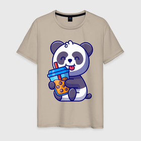Мужская футболка хлопок с принтом Панда с напитком в Белгороде, 100% хлопок | прямой крой, круглый вырез горловины, длина до линии бедер, слегка спущенное плечо. | 